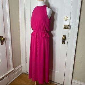 Sam Edelman Fuchsia Pink Cinched Tie Waist Mock Neck Maxi Dress 4 NWT